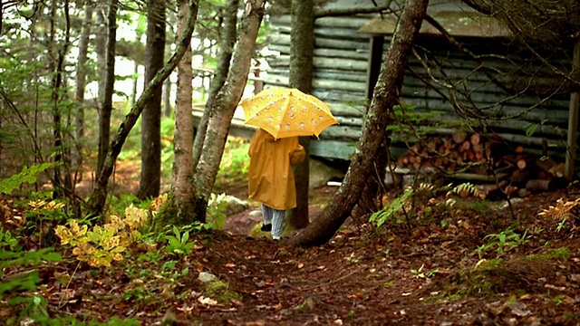 近距离镜头聚焦年轻的金发女孩穿着雨衣和雨伞走过树远离镜头/新斯科舍省视频素材