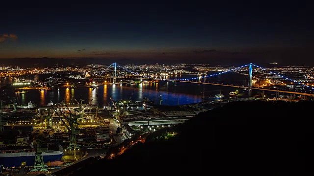 蔚山港大桥日落到夜晚的时间流逝视频下载