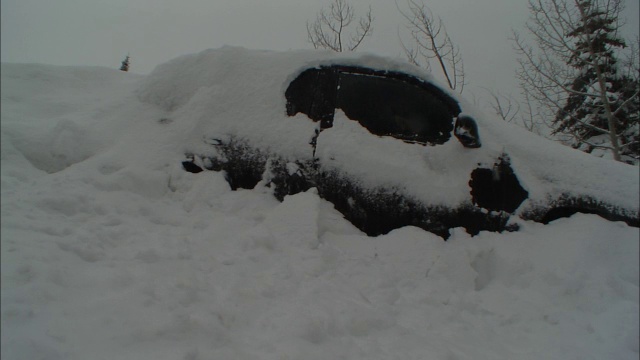 一名乘客从一辆埋在雪中的汽车里向外招手。视频素材