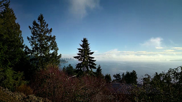 西温哥华的温哥华市区与云和蓝天与树木的前景，一艘大型集装箱船通过框架驶向温哥华港口视频素材