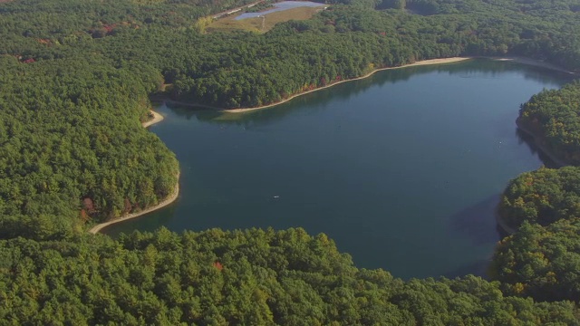 Walden Pond / Concord，马萨诸塞州，美国，WS aerial POV视图视频素材