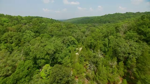 WS AERIAL POV的砂岩岩层和森林区域的花园的神荒野/盐碱地，伊利诺斯州，美国视频素材