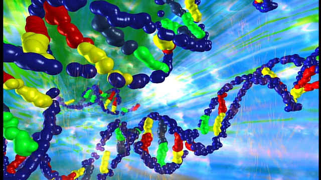 计算机生成图像分子链断裂和形成与白色闪光+彩色背景视频素材