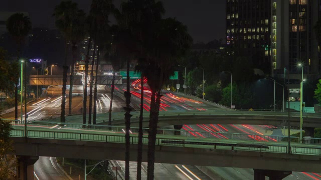 WS T/L车辆在夜晚行驶在街道和桥上，前景是棕榈树视频素材