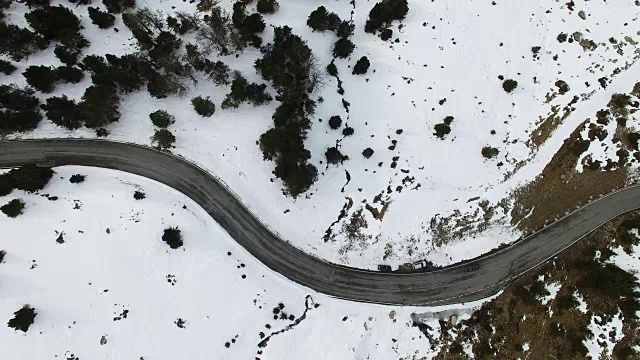 在安道尔比利牛斯山脉的雪山中，用无人机拍摄的空中镜头，有漂亮的曲线和头顶视图。4 k UHD。视频素材