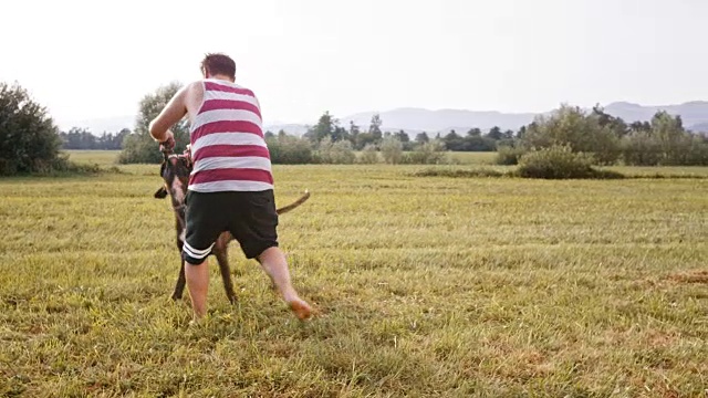 SLO MO Boxer和它的男性主人在草地上玩耍视频素材