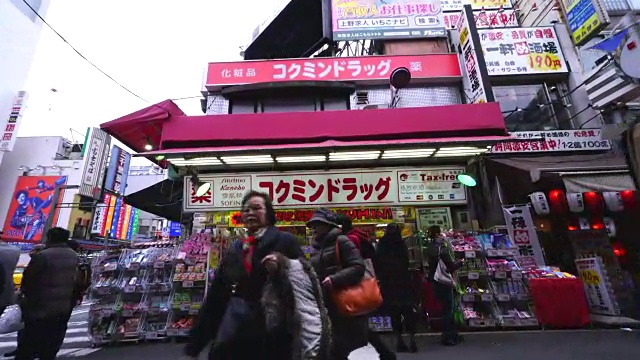 在东京大东地区的上野，行走的相机拍摄了美代子欢迎购物中心两侧的各种各样的商店，这些商店有服装、个人饰品、鞋子、化妆品、包、保健品等等。视频素材