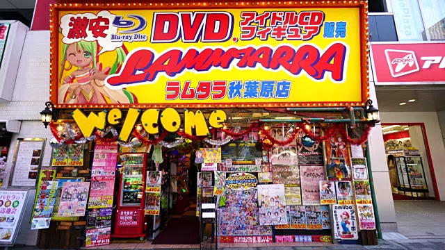 在东京千代田区秋叶原中央街，相机捕捉到了Lammtarra，一家出售DVD、人物、等商品的商店。视频素材