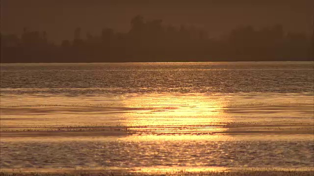 宽阔的镜头夕阳反射在波光粼粼的水视频素材