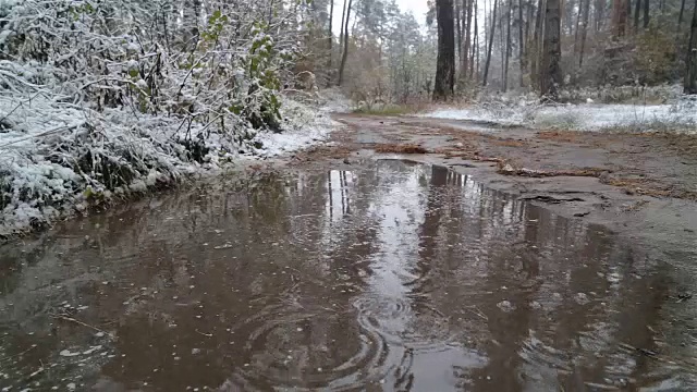 雪和雨落在水坑里。视频素材