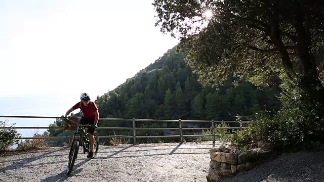 骑山地车的人在松树下踩上陡峭的森林道路视频素材