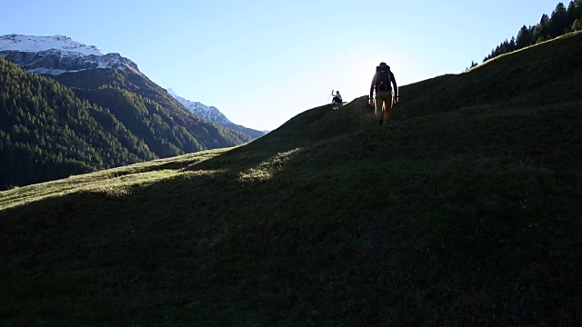 徒步旅行的情侣们沿着山脊上的草甸走着视频素材