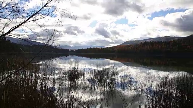 右和左宽镜头平静的山湖与金色的树倒映在水和蓬松的云填满天空。视频素材