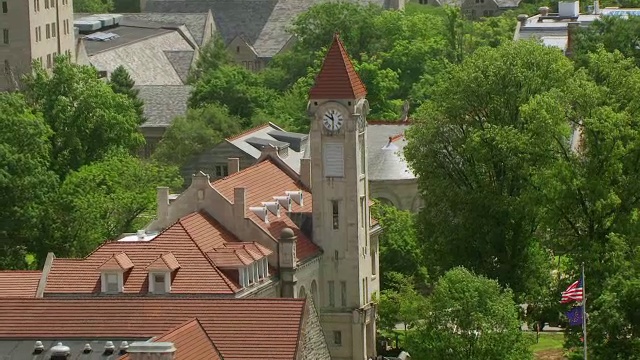 WS AERIAL POV视图富兰克林学院与印第安纳州立大学/门罗县，印第安纳州，美国视频素材