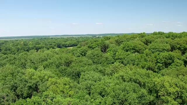 WS AERIAL POV沃巴什河与林地和农田，在背景镇/波西县，新哈莫尼，美国印第安纳州视频素材