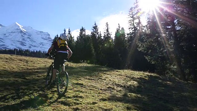 骑山地车的人沿着小路攀登穿过山地草地视频素材