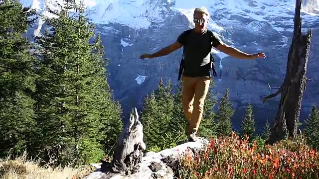 一名男性徒步旅行者沿着原木穿过山地草地视频素材