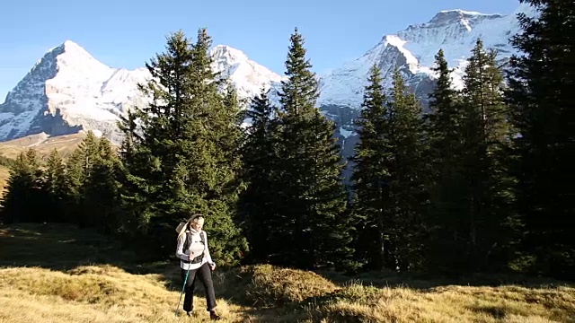 女性徒步旅行者穿过山地草地，森林视频素材