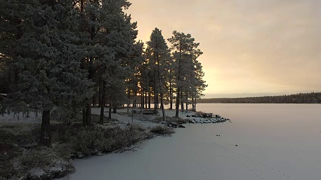 日出时结冰的湖泊一览，Pallas-Yllästunturi国家公园，拉普兰，芬兰视频素材