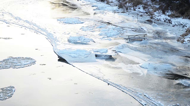 纽约卡茨基尔山德拉瓦河冬冰流水视频素材