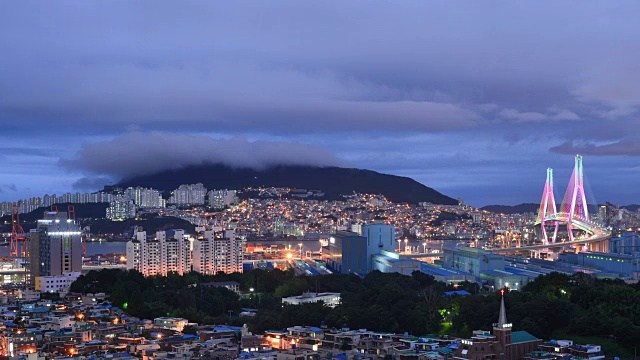 Bongnaesan山和Gamman集装箱码头的海雾(釜山是仅次于首尔的第二大人口城市)视频素材