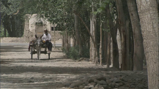 中国新疆和田，一车一车的织丝绸沿着尘土飞扬的道路行驶，视频素材