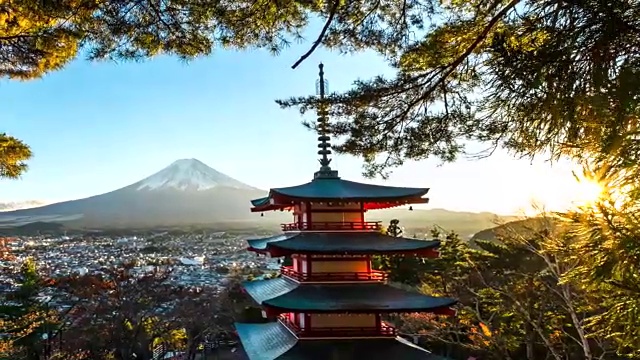 时间流逝富士山与红塔秋天，藤吉田，日本视频下载