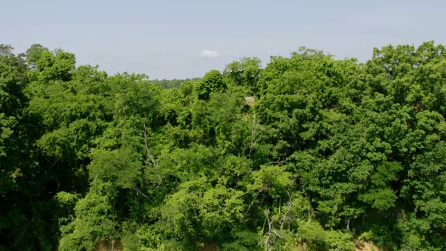 WS TU TD AERIAL POV视图约克镇战场，约克河在前景/美国弗吉尼亚州的约克镇视频素材