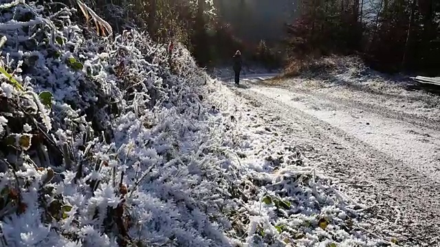 女人沿着小路走过山上的霜冻视频素材