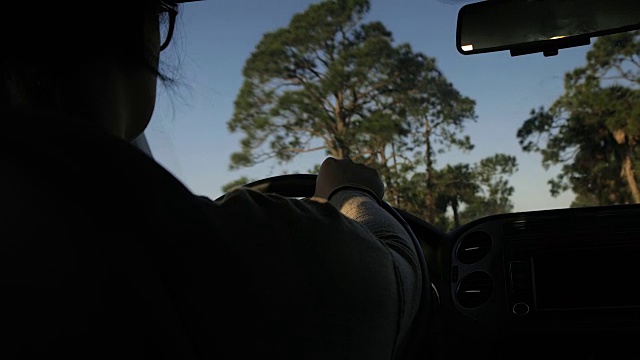 开车/过程盘子。女人开车，从挡风玻璃前视，过肩射击视频素材