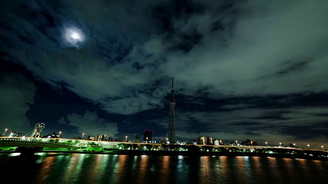 东京天空树塔和隅田河在东京，日本的夜晚视频素材