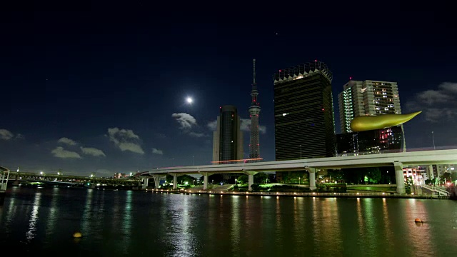 东京天空树塔和隅田河在东京，日本的夜晚视频素材