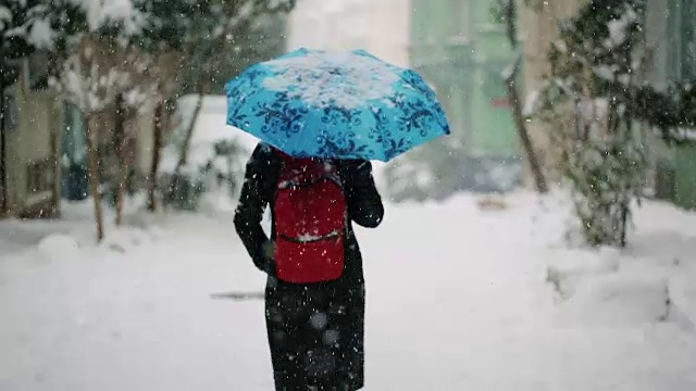 在雪地上行走的女人视频下载