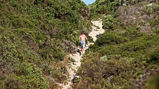 9岁的男孩在一条沙地小径上跑上一个浓密的沙丘-中等拍摄/倾斜相机视频素材