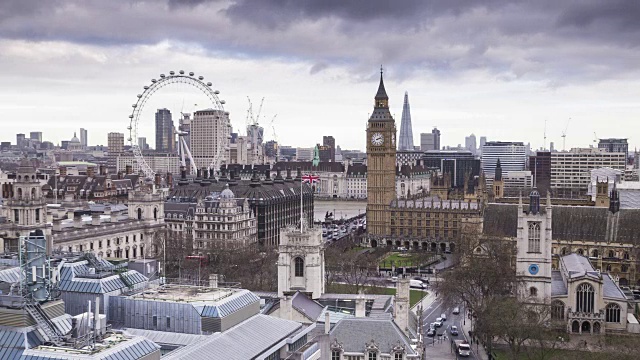 英国议会大厦和伦敦眼上空的灰暗天空。视频素材