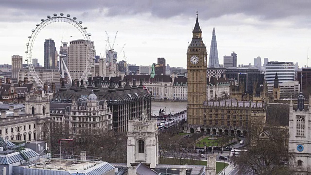 英国议会大厦和伦敦眼上空阴郁的天空。视频下载