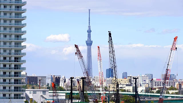 在东京中央春美，镜头捕捉到了巨型鹤群中的东京天空树。东京市区上空的云层。视频素材