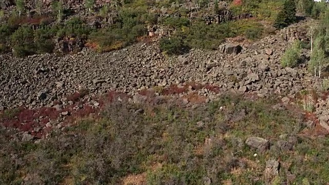 慢慢地飞过森林，爬上岩石山视频素材