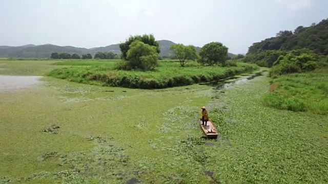 在Uponeup沼泽(韩国最大的天然沼泽之一)上乘船的人视频素材