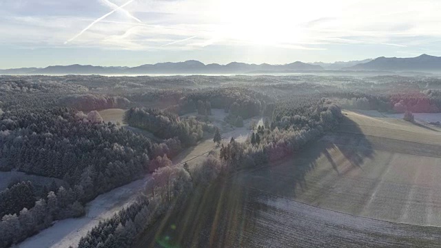 白雪皑皑的冬季景观与森林和山脉视频素材