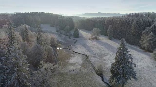 白雪皑皑的冬季景观与森林和山脉视频素材