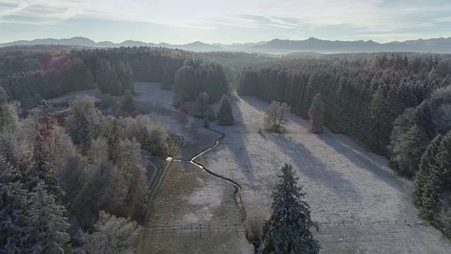 白雪皑皑的冬季景观与森林和山脉视频素材