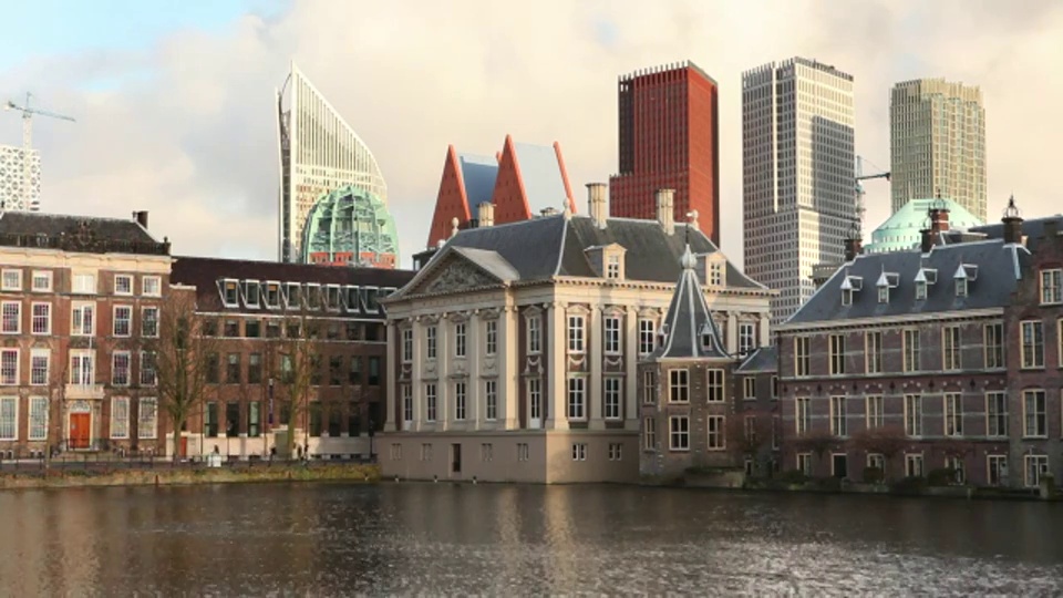 这组建筑被称为Binnenhof，荷兰政治中心。位于荷兰海牙的莫瑞泰斯博物馆视频素材