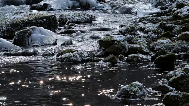 森林小溪与冰形成的太阳反射在水面上视频素材