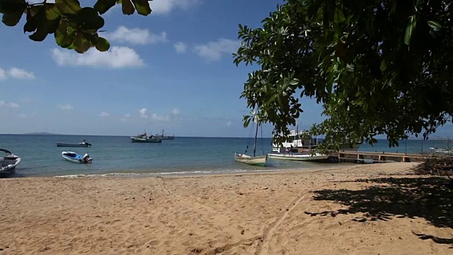 泛宽拍摄的船只在港口与蓝绿色的海水为背景。视频素材