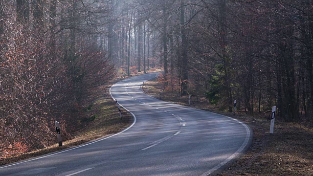 森林中乡村道路上的交通，时间流逝。视频素材