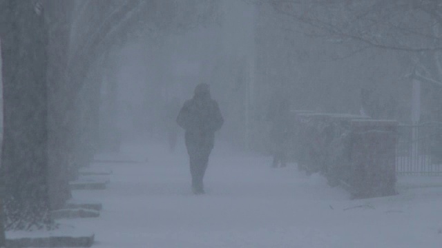 人们行走在暴风雪，大雪，白茫茫的条件下，东北视频素材