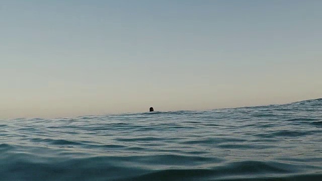 在法国南部大西洋海岸荒芜的沙滩上，女冲浪者在冲浪板上等待海浪。视频素材