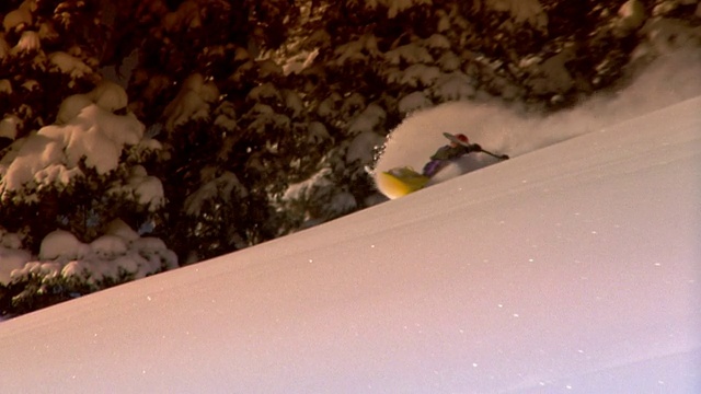 宽镜头跟踪拍摄人雪上皮划艇下山山坡和喷雪/阿斯彭，科罗拉多州视频素材