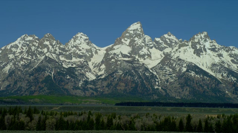 广阔的泛雪大提顿和提顿山脉与绿色平原和树木在前景，大提顿国家公园，怀俄明州视频素材